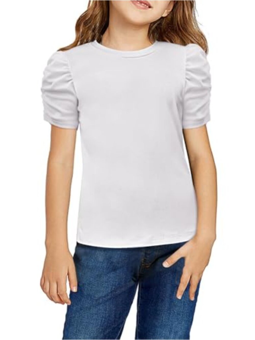 Girls Puff Short Sleeve Ribbed Knit Crewneck T Shirt Top Blouse - Rayon Spandex